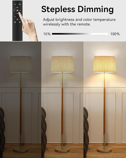 JOOFO Mid-Century Modern Wood Floor Lamp with Dual Fabric Shade, Remote Control, Dimmable & Adjustable Color Temperature, Reading & Living Room Lamp, Easy Clean Cover, Foot Switch,Walnut Wood
