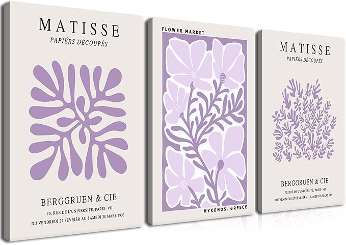 Framed Purple Matisse Wall Art Set of 3, Abstract Henri Matisse Canvas Wall Decor Paintings, Light Purple Flower Market Room Aesthetic Posters Prints for Living Room Bedroom Bathroom 12x16 In