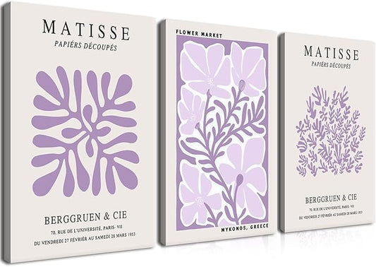 Framed Purple Matisse Wall Art Set of 3, Abstract Henri Matisse Canvas Wall Decor Paintings, Light Purple Flower Market Room Aesthetic Posters Prints for Living Room Bedroom Bathroom 12x16 In