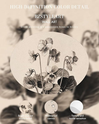 Bzstyleart Vintage Wall Art Decor for Living Room, Gold Framed Flower Wall Art Vintage Travel, Sketching Painting Picture, Home Decor Aesthetic for Kitchen Bathroom, Viola Sororia, 12L x 16W