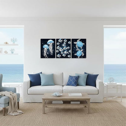 sechars Ocean Sea Life Wall Art Jellyfish Tropical Fish and Sea Turtles Pictures Modern Bathroom Nautical Decor (Blue)