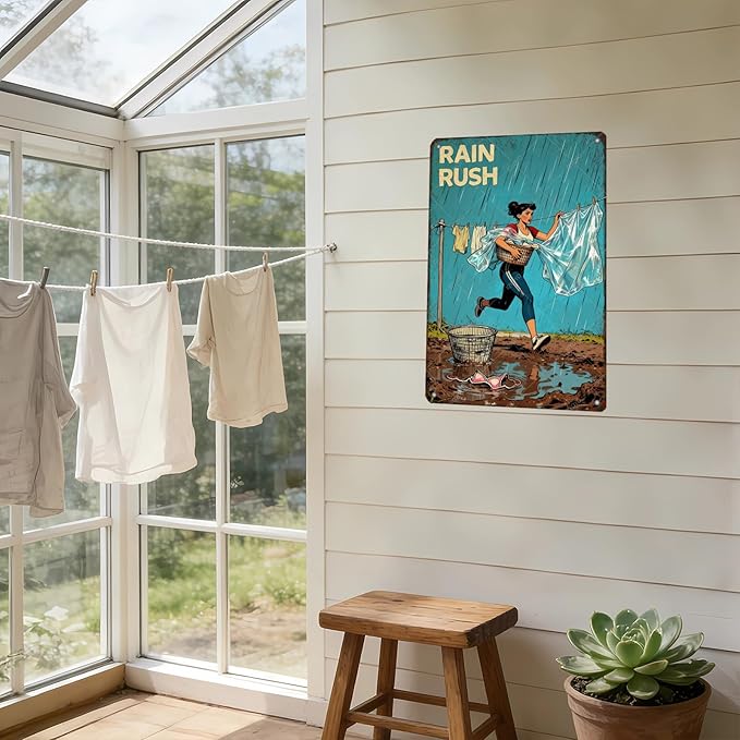 Rain Rush Laundry Vintage Tin Sign Funny Sarcastic Retro Housewife Design Mom Laundry Room Wall Decor 16x12 Inch