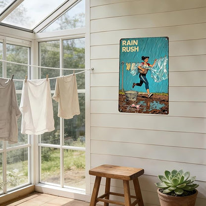Rain Rush Laundry Vintage Tin Sign Funny Sarcastic Retro Housewife Design Mom Laundry Room Wall Decor 16x12 Inch