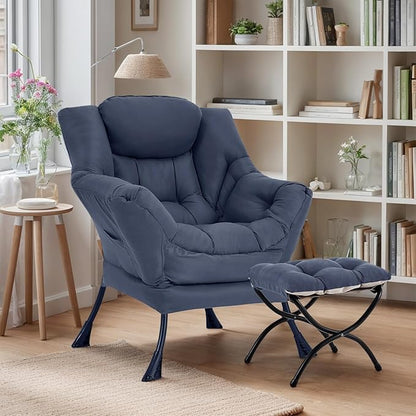 Lazy Chair with Ottoman, Large Navy Accent Chair with Ottoman, Comfy Reading Armchair, Leisure Sofa Chair for Living Room, Bedroom, Dorm Room, Office