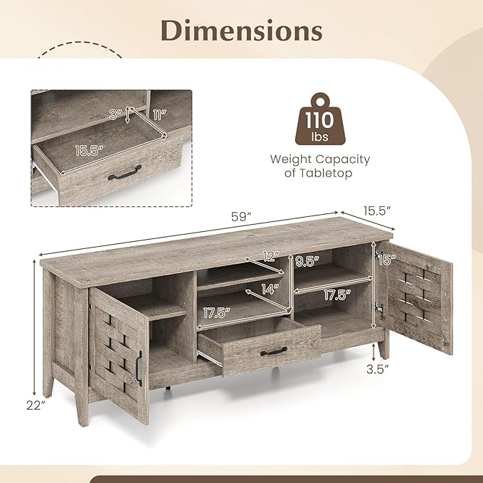Giantex Farmhouse TV Stand for 65 Inch TVs, 59" Wood Entertainment Center with 2 Woven Accent Doors, Storage Drawer & 3 Adjustable Shelves, Media Console Table for Living Room, Bedroom (Rustic Oak)
