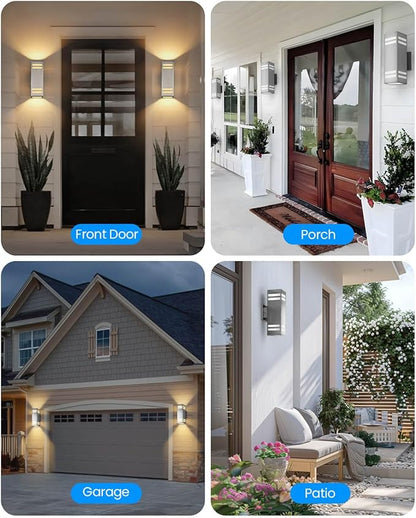 KIZON Modern Dusk to Dawn Outdoor Lighting 2 Pack, Stainless Steel Up and Down Sconce with E26 Base, Includes 3000K Bulbs, Waterproof Exterior Lighting Fixtures, Outdoor Lights for House Porch Garage