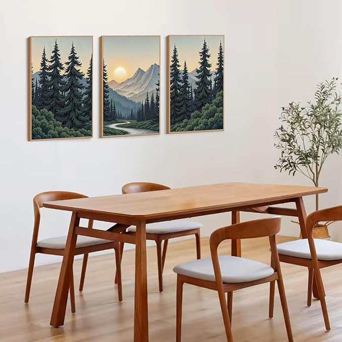 HLNIUC Boho Mountain Sun Forest Framed Canvas Wall Art,Large Nature Sunrise Wall Decor,Yosemite Scene Pine Tree Artwork Set of 3 (24x36),Watercolor Landscape Prints for Living Room,Bedroom,Office