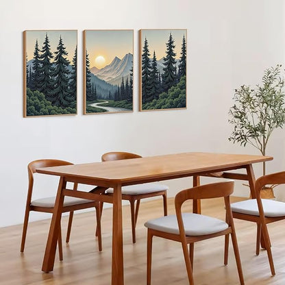 HLNIUC Boho Mountain Sun Forest Framed Canvas Wall Art,Large Nature Sunrise Wall Decor,Yosemite Scene Pine Tree Artwork Set of 3 (24x36),Watercolor Landscape Prints for Living Room,Bedroom,Office