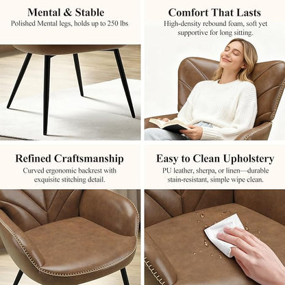 MALOL Modern Mid-Century Faux Leather Accent Chair, Upholstered Armchair with Curved Backrest, Sturdy Metal Base, Living Room, Bedroom & Reading Nook,Brown