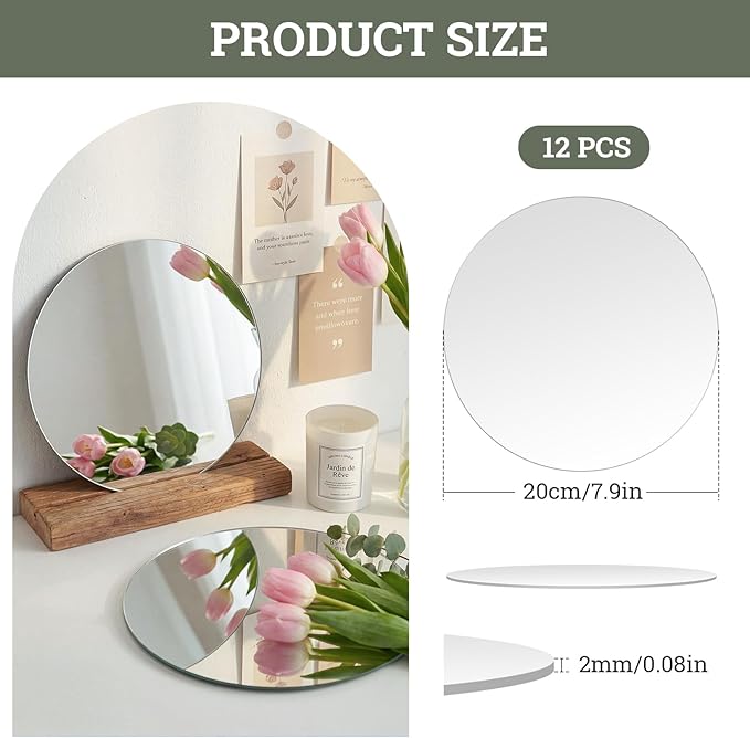 SUREAM Mirror Centerpieces for Tables, 12 Packs 8 Inch Circle Mirror, Centerpiece Base for Wedding Table Wall Party Decorations, 2mm Thick