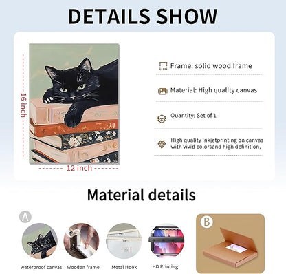 Framed Black Cat Canvas Wall Art, Funny Cat lying on a pile of books Painting, Abstract Animal Posters Prints Wall Decor for Living Room Bathroom Gallery Dining Room Decor 12x16 inch