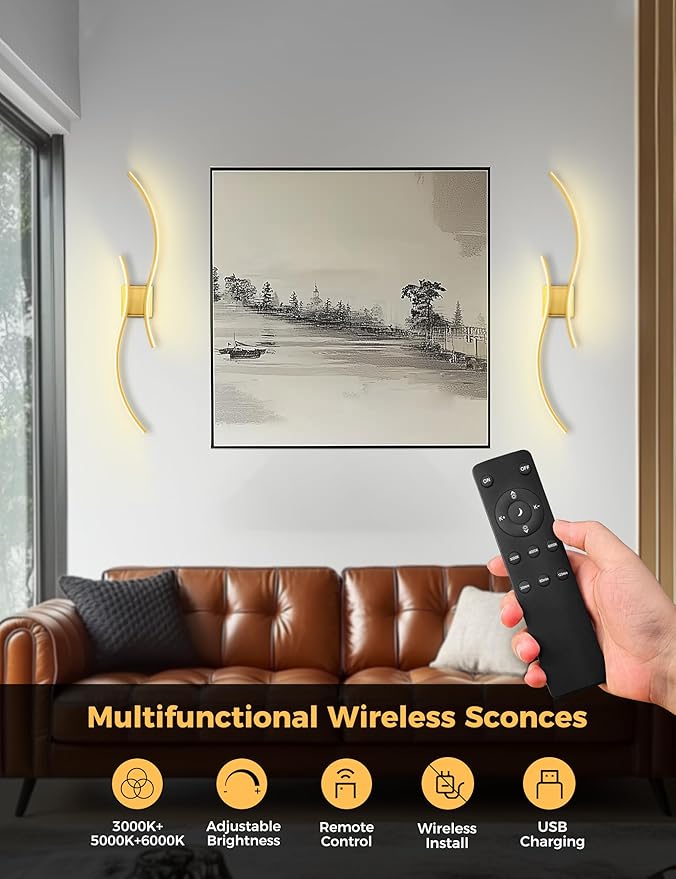 DORESshop Battery Operated Wall Sconces Set of 2, Modern Wireless Rechargeable Wall Lights with Stepless Dimming,3000k-6000K, Sconce Wall Decor for Living Room, Hallway, Bedroom, Gold 39in