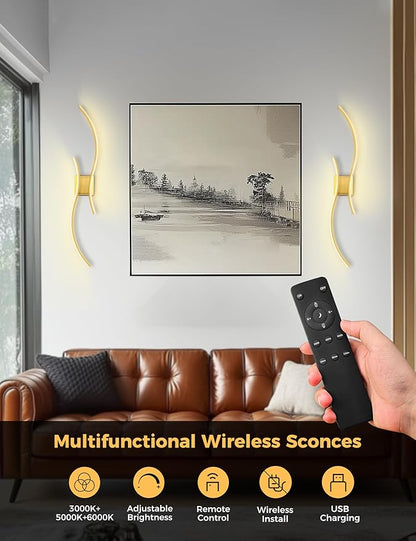 DORESshop Battery Operated Wall Sconces Set of 2, Modern Wireless Rechargeable Wall Lights with Stepless Dimming,3000k-6000K, Sconce Wall Decor for Living Room, Hallway, Bedroom, Gold 39in