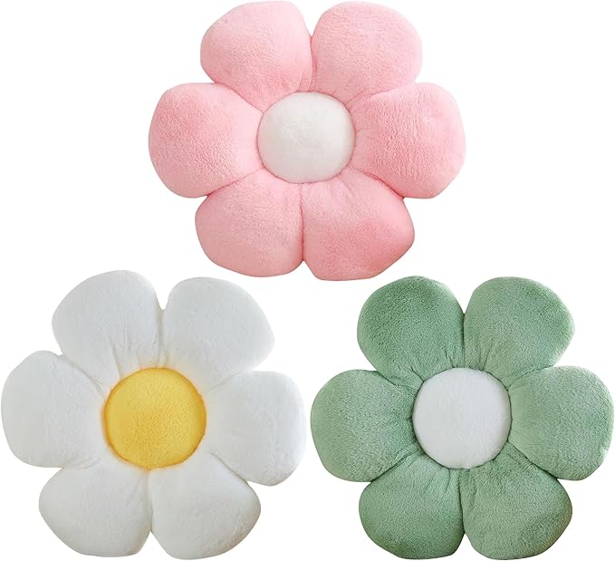 CANGHI 3 PCS Flower Pillows Flower Shaped Throw Pillow Cute Daisy Pillows Seating Cushions for Adults Kids Home Bedroom Sofa Chair Couch Decor (White/Pink/Green, 15.74 inch)