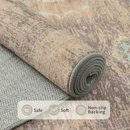 Rugxara Beige Rug 5x7 Neutral Area Rugs for Living Room Bedroom, Washable Vintage Floral Retro Boho Non Slip & Low Pile Carpet for Indoor Dining Room and Kids Room(Beige 5x7ft)