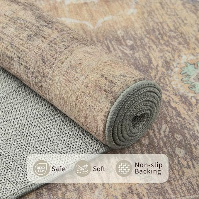 Rugxara 6x9 Area Rugs for Living Room Bedroom, Large Washable Rug, Beige Vintage Retro Boho Rug, Non Slip & Low Pile Faux Wool Thin Carpet for Indoor Dining Room and Kids Room(Beige 6x9ft)