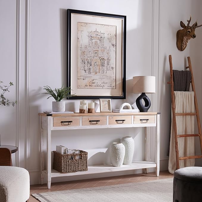 RUSTOWN Farmhouse Console Table with 4 Drawer, 60" Long Rustic Entryway Table with Open Storage Shelves and Handmade Metal Handle, Narrow Foyer Sofa Table for Living Room, Entryway, Hallway(White)