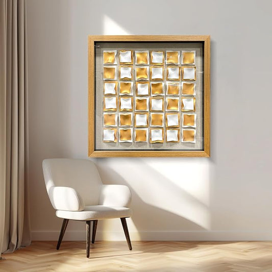 BrightA Gold and White Geometric Wall Sculpture Reflective 3D Textured Panels Brushed Metal Texture with Wave Modern Framed Abstract Art for Bedroom Office Decor 23.6"x23.6"