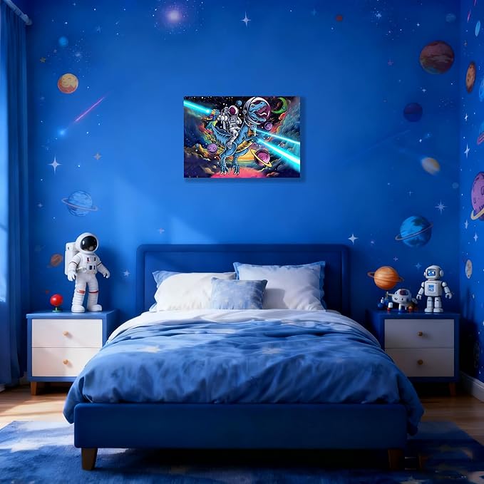 12x16 Space Astronaut Dinosour Star Wars Canvas Picture Wall Art Watercolor Framed Prints Teen Boy T-Rax in Galaxy Cosmic Home Decor Painting Kids Bedroom Painting Child Room Funny Poster Kids Bathroom Photo