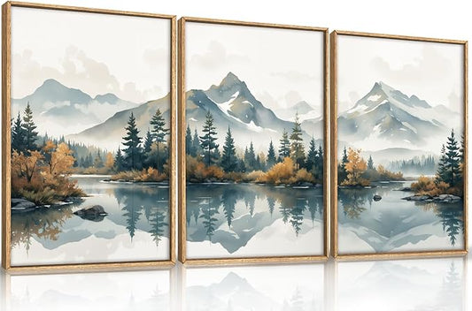 HLNIUC Large White Mountain Wall Art Framed, Snowy Green Forest Decor Set of 3 (16"x24"), Watercolor Winter Misty Nature Prints, Foggy Lake Landscape Canvas Painting for Living Room, Bedroom, Office