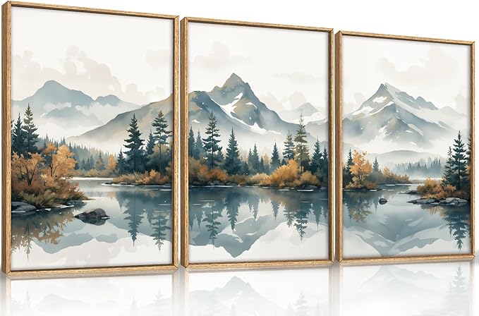 HLNIUC Large White Mountain Wall Art Framed, Snowy Green Forest Decor Set of 3 (24"x36"), Watercolor Winter Misty Nature Prints, Foggy Lake Landscape Canvas Painting for Living Room, Bedroom, Office