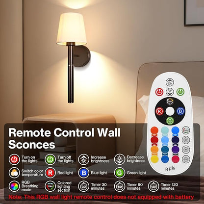 Battery Operated Wall Sconce Set of 2, 5200mAh RGB Wireless Wall Lights with Detachable Charging Stick & Dimmable Bulbs, 12 Colors Rechargeable Wall Lamps for Bedroom Living Room Hallway Decor, Black