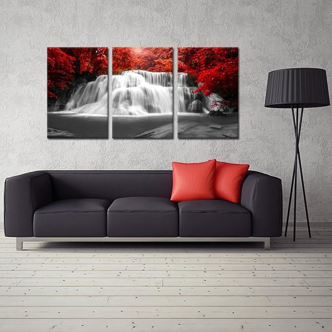 KREATIVE ARTS Black White and Red Canvas Wall Art 3 Pieces Red Woods Waterfall Canvas Print Landscape Paintings Framed Picture for Office and Home Décor Ready to Hang 16x24inchx3pcs