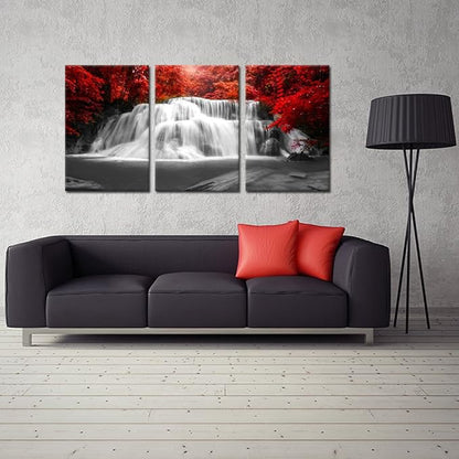 KREATIVE ARTS Black White and Red Canvas Wall Art 3 Pieces Red Woods Waterfall Canvas Print Landscape Paintings Framed Picture for Office and Home Décor Ready to Hang 16x24inchx3pcs