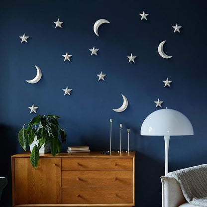 MidModArt 14PCS Mid Century Modern 3D Star Wall Art Gold Retro Starburst Sculptures Vintage Celestial Home Decor, Silver Moon-Combo