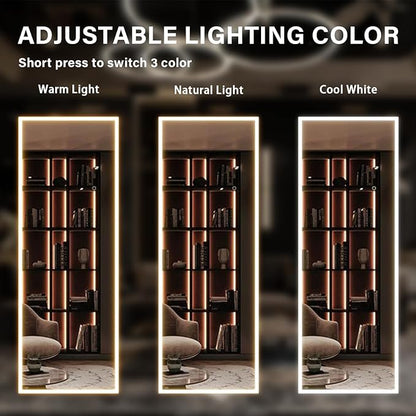 63x20 inches Full Length Mirror with Lights, Wall Mounted, 3 Color Lighting & Adjustable Brightness, Modern Home Decor for Bedroom, White