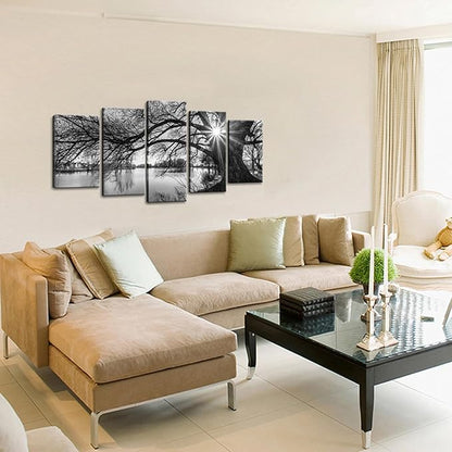 sechars - 5 Pieces Wall Art,Old Tree by Lake Picture Canvas Prints Sunrise Painting Black and White Landscape Canvas Art,Modern Wall Decoration,Framed and Ready to Hang