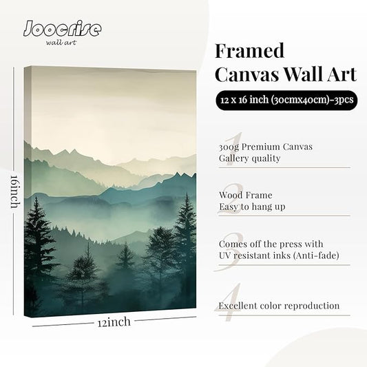 Mountain Wall Art Decor Set of 3 Sage Green Forest Canvas Wall Art Prints Nature Landscape Wall Decor Watercolor Pine Tree Pictures Abstract Modern Painting for Living Room Bedroom 12x16 Inch Framed
