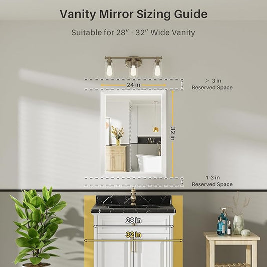 24x32 Inch White Bathroom Mirror for Wall, Thick Metal Framed Rectangle Mirrors for Over Sink, Bedroom, Living Room, Entryway, Anti-Rust, HD Tempered Glass