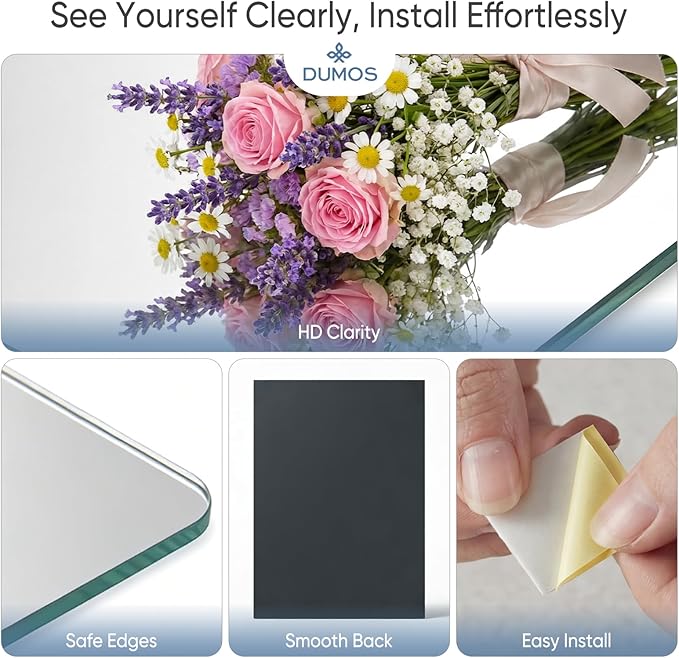 DUMOS 4 Pack Wall Mirror Tiles, Hallway Mirror 16"x12" HD Glass Sheets, Square Mirrors for Wall for Bathroom Living Room Home Gym