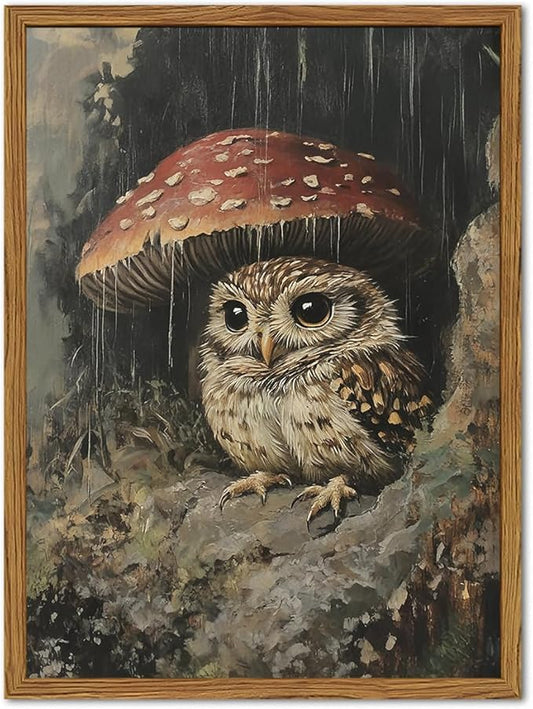 Framed Vintage Owl Canvas Wall Art, Cute Bird Mushroom Pictures Wall Decor, Cottagecore Forest Animal Paintings Prints Gothic Rustic Moody Home Decor for Living Room Bedroom Nursery 16x24 inch