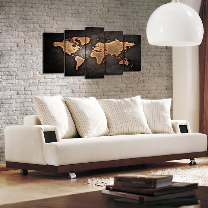 KREATIVE ARTS Retro World Map Poster Framed 5 Pcs Giclee Canvas Prints Vintage Abstract World Map Painting Printed on Canvas Ready to Hang for Living Room Office Decor Gift