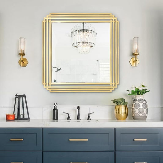 Gold Geometric Mirrors, 24"x24" Art Deco Elegant Mirror with Metal Frame, Modern Square Aesthetic Wall Mirrors for Living Room Bedroom Entryway, Horizontal or Vertical Hanging