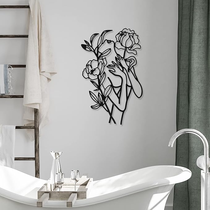 Photect 3 Pcs Metal Wall Art Decor Minimalist Abstract Woman Wall Art Metal Modern Line Drawing Decor Female Single Line Home Hanging for Bedroom Bathroom Living Room Housewarming(Elegant,Black)