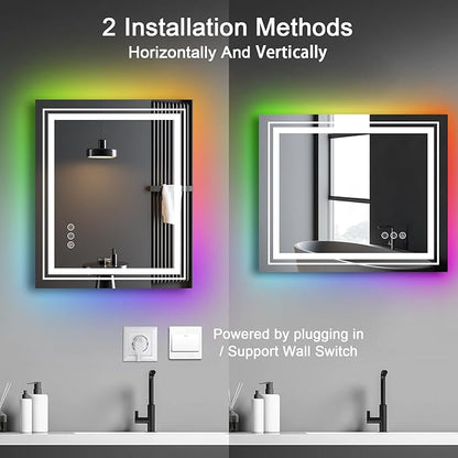 Snowdool LED Mirror for Bathroom, 48"X30" with 8 RGB Backlit +3 Front Lit (Adjustable Individually), Anti-Fog, Large Lighted Bathroom Vanity Mirror for Wall,Shatterproof,Memory Function,Tempered Glass