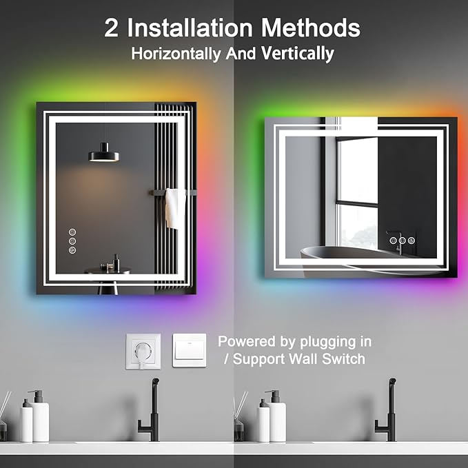 Snowdool LED Mirror for Bathroom, 30"X36" with 8 RGB Backlit +3 Front Lit (Adjustable Individually), Anti-Fog, Lighted Bathroom Vanity Mirror for Wall, Shatterproof, Memory Function, Tempered Glass