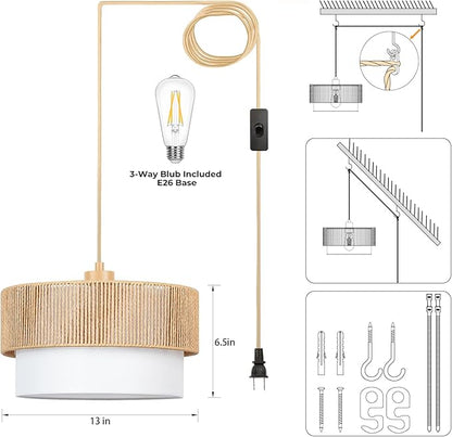 Qingmiao Boho Plug in Pendant Light, Rattan Hanging Lamp Plug in with Woven Shade, 3-Way Dimmable Hanging Light Fixture for Living Room Bedroom Kitchen Ceiling Home Decor