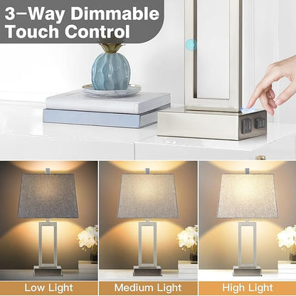 Lolikit 23.5" Touch Control Table Lamps, Metal Bedside Lamp for Bedroom Set of 2 with USB A+C Ports & AC Outlet, 3-Way Dimmable Nightstand Lamp for Living Room (LED Bulb Included)