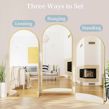 Full Length Mirror with Stand, 71"x26" Arched Full Body Mirror, Large Stand Up Mirrors, Aluminum Frame Floor Standing Mirrors, Freestanding Hanging Leaning Mounted for Bedroom Living Room, Gold