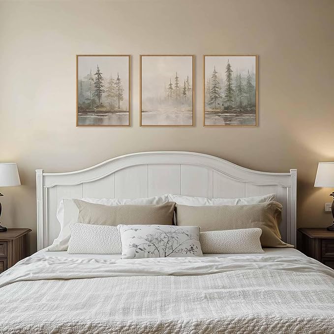 HPNIUB Modern Misty Pine Tree Framed Wall Art Set,Neutral Abstract Landscape Wall Decor,Nature Foggy Forest Art Print,Textured Beige Rustic Farmhouse Artwork for Living Room, Bedroom,Office-12 x16 x3