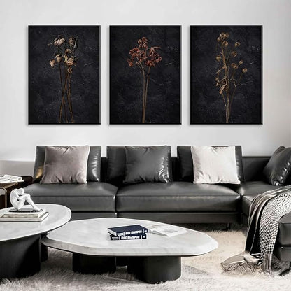 LYPHNX Framed Dark Moody Wildflowers Canvas Wall Art Black Vintage Dried Floral Wilderness Botanical Painting Poster Set of 3 Nature Prints Picture Wall decor for Living Room Bedroom Office 12"x16"