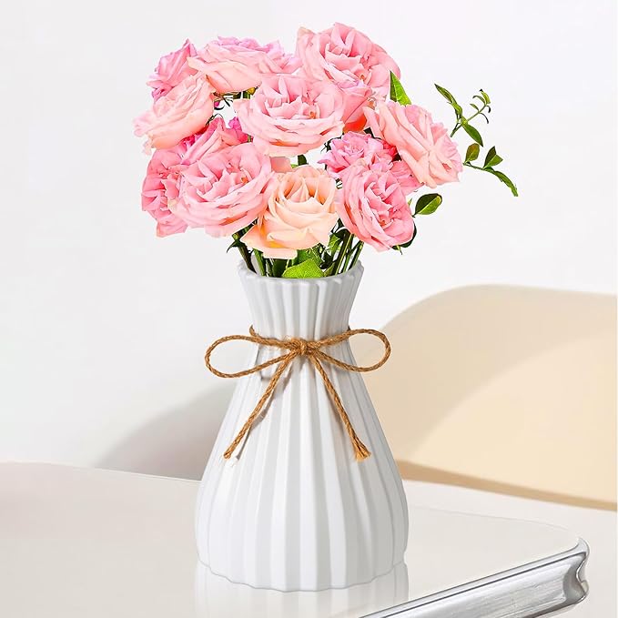 Unbreakable Vase for Flowers, Ceramic Look Plastic Vase for Home Decor, Living Room, Table (White)