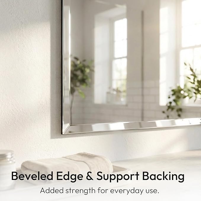 22x30 Inch Frameless Bathroom Mirror, Rectangular Beveled Wall Mirror for Over Sink, Vertical or Horizontal Vanity Mirror for Small Bathroom, Bedroom, Entryway