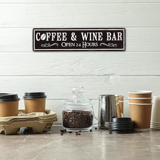 Coffee and Wine Bar Decor, Coffee & Wine Bar Open 24 Hours Sign, Retro Metal Tin Sign, Rustic Farmhouse Wall Decoration, Vintage Home Decor for Kitchen, Coffees Station Decors, 15.8x4 Inches