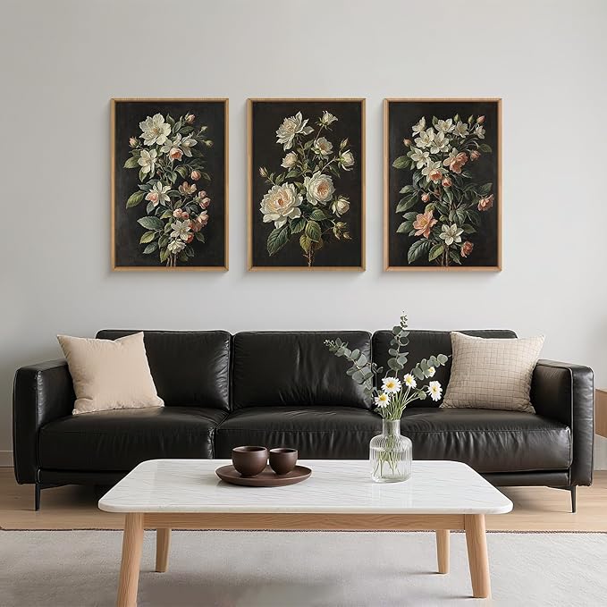 Large Dark Moody Flowers Framed Canvas Print Wall Art Set,Vintage Antique Black Botanical Wall Decor,Retro Modern Elegant Peony Floral Artwork for Living Room,Office,Bedroom-16 x24 x3