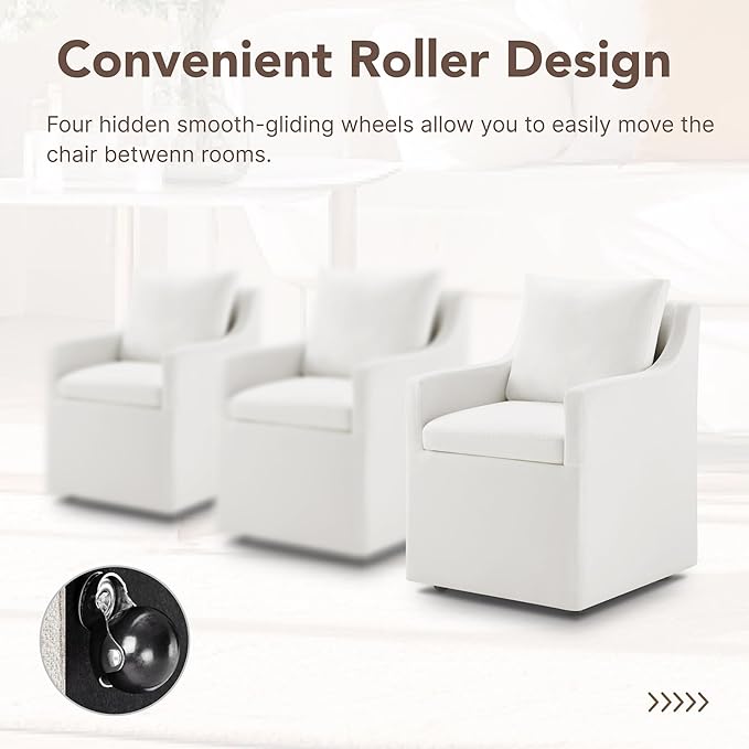 KISLOT Upholstered Dining Chairs Set of 1, Modern Dining Room Chairs with Casters & Washable Cover, Rolling Accent Chair with Hidden Storage for Kitchen, Farmhouse, Living Room, White, 1 Box